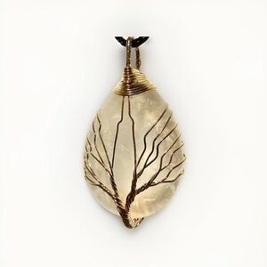 Tree of Life Golden Healer Quartz Pendant Necklace | Wire Wrapped + Black Cord
